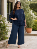 Set elegante taglie forti con camicia jacquard e pantaloni lunghi, due pezzi