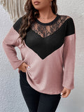 Taglie Forti Maglietta con spalla cadenti pizzo a contrasto color block