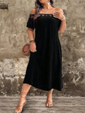 Vestito da donna casual con spalle scoperte, in tinta unita, con bordo in pizzo, lungo fino alla caviglia