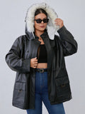 Cappotto in pelle PU con cappuccio, vita con coulisse, cerniera anteriore e colletto per donne taglie comode