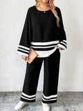 2 pezzi Completo casual da donna taglie forti composto da maglia a girocollo a righe con maniche lunghe e pantaloni con blocchi di colore