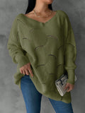 Pullover ampio a maglia traforata con scollo a V, maniche a goccia, colore unito, taglie comode per donna