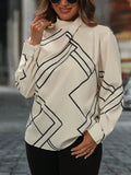 Blusa a maniche lunghe con stampa geometrica casual per taglie forti
