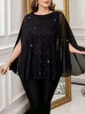 Blusa elegante taglie forti da donna con decorazioni in strass e maniche a mantellina