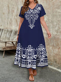 Vestito lungo da donna casual con scollo a V e maniche corte