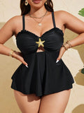 Completo da donna taglie forti composto da 2 pezzi, crop top e bikini, in colore unito con dettagli in metallo