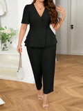 Set da 2 pezzi, formato grande, camicia monocolore doppiopetto casual e pantaloni