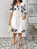 Vestito casual con tasche, a fiori ricamato, con bottoni davanti, per taglie comode