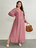 Vestito lungo casual da donna con scollo a V e bottoni davanti, manica lunga, tinta unita, taglie comode