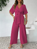 Tuta casual alla moda taglie forti, monocromatica, con scollo a V e vita annodata, stile vintage