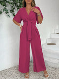 Tuta casual alla moda taglie forti, monocromatica, con scollo a V e vita annodata, stile vintage