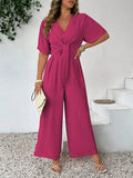 Tuta casual alla moda taglie forti, monocromatica, con scollo a V e vita annodata, stile vintage
