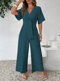 Tuta casual alla moda taglie forti, monocromatica, con scollo a V e vita annodata, stile vintage
