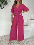 Tuta casual alla moda taglie forti, monocromatica, con scollo a V e vita annodata, stile vintage