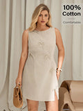 Abito da donna taglia grande: abito corto stile boho-chic , in misto lino e cotone beige senza maniche con dettagli fiocco, gonna a linea A