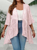 Cardigan da donna taglie forti, primavera/estate, stile casual vacanziero, con maniche a sbuffo in jacquard, orlo asimmetrico trasparente