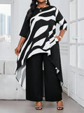 Set da 2 pezzi da donna  taglia curvy, stile , top con orlo asimmetrico e stampa a contrasto, pantaloni coordinati