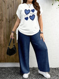 Completo da Donna Taglie forti Casual Stampa a cuore Manica corta Coulisse Tee e Pantaloni lunghi