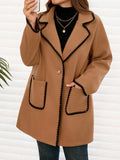 Cappotto in misto lana da donna taglie forti, marrone con bordo nero