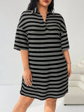 Abito midi casual e ampio da donna con colletto polo a righe, taglie comode