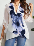 Blusa elegante e minimalista con stampa floreale, scollo a V e orlo asimmetrico semi-trasparente, taglie comode