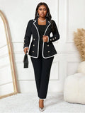 Completi eleganti e modesti in bianco e nero con risvolto, tailleur da donna di taglia grande per l'ufficio, pantaloni con finiture a contrasto e bottoni davanti