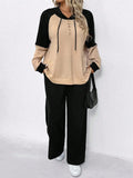Nuovo set casual da donna taglie forti a due pezzi, in maglia a nido d'ape con contrasto di colori, outfit con felpa con cappuccio e pantaloni