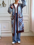 Cardigan lungo in maglia a quadri per taglie forti, indumento casual e versatile di moda, adatto per autunno/inverno