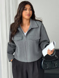 Giacca corta casual in lana di colore unito con tasche, per donne taglia curvy, adatta per autunno/inverno