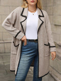 Cardigan lungo elegante da donna con colletto a contrasto, maniche lunghe e due tasche, taglia curvy