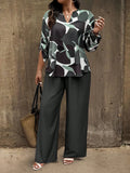 Pantaloni casual lunghi con stampa casuale e decorazione con bottoni, per donne taglia comoda, autunno/inverno