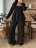 Set di top e pantaloni con scollo quadrato, balza e decorazione floreale, taglie comode