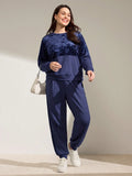 Tuta casual da donna taglie forti, 2 pezzi, in velluto con patchwork, collo rotondo, maniche lunghe, pantaloni con coulisse