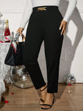 Pantaloni casual da donna taglie forti con decorazione a catena metallica