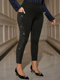 Leggings alla moda da festa con vita alta, in patchwork metallico argento, taglie comode