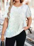 Camicia di moda lucida con collo rotondo e maniche corte a raglan, taglie forti
