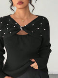 Maglione elegante da donna taglie forti con design a torsione, maniche lunghe, impreziosito da perle, accattivante per appuntamenti