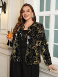 Giacca elegante da donna taglie forti con maniche lunghe, con applicazioni floreali e paillettes, con apertura anteriore