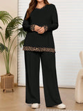 Set casual da 2 pezzi in taglia comoda con stampa leopardata, composto da pantaloni neri a girocollo e maniche lunghe, outfit invernale da donna, stile nuovo anno