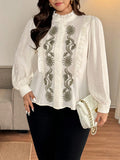 Camicetta ampia da donna con maniche a lanterna, collo alla coreana, arricciature e ricamo floreale