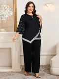 Completo elegante da donna taglie forti con scollo traforato, maniche a sbuffo con strass, patchwork, paillettes, nastro e orlo asimmetrico, pantaloni a zampa