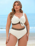 1 set taglie comode costume da bagno donna con top a fascia e pantaloncini vita alta, realizzato in tessuto a coste, con laccio all'ombelico, elegante outfit da spiaggia e resort