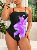 Costume da bagno monokini da donna taglia grande, motivo floreale di gigli, con bretelline rimovibili, adatto per vacanze al mare