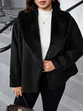 Cappotto da donna taglie forti in misto lana – Elegante capospalla invernale marrone con revers e bordo in pelliccia sintetica; caldo, alla moda e versatile per l'uso quotidiano. - nero
