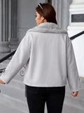 Cappotto da donna taglie forti in misto lana – Elegante capospalla invernale marrone con revers e bordo in pelliccia sintetica; caldo, alla moda e versatile per l'uso quotidiano.
