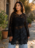 Blusa da donna stile bohémien nero trasparente con pizzo floreale, maniche lunghe, vita ampia, top casual vintage autunnale