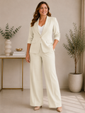 Completo da donna con blazer a manica 3/4 con design plissettato, monopetto, e pantaloni a gamba ampia