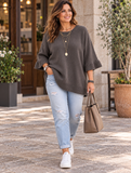 Maglione pullover in maglia taglie forti da donna, maniche a 3/4 con volant, collo rotondo con orlo a costine