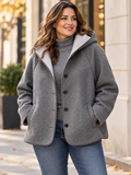 Giacca in tweed grigio taglie forti da donna autunno/inverno, aperta davanti, monopetto, con doppie tasche, cappuccio, casual elegante versatile, maniche lunghe