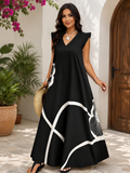 Abito lungo taglia comoda con stampa floreale nera a-line, abito lungo casual da vacanza, primavera/estate